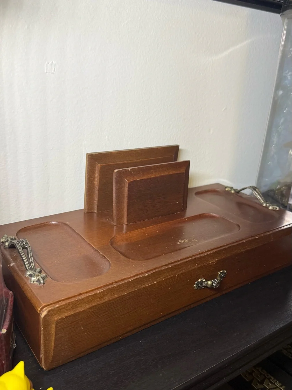 Vintage 1970s London Leather Wooden Valet Jewelry Box & Desk Organizer